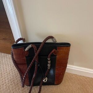 Brighton Vintage Bucket Handbag Black Leather and Brown Snakeskin